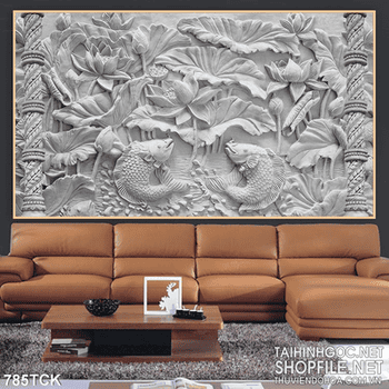 Tranh in uv phù điêu cá chép và hoa sen