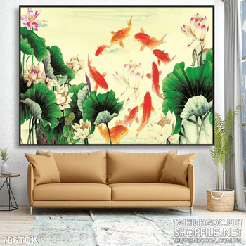 Tranh vẽ in uv hoa sen và cá chép đẹp ấn tường