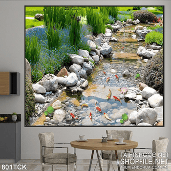 Tranh in uv con suối nhỏ và cá chép