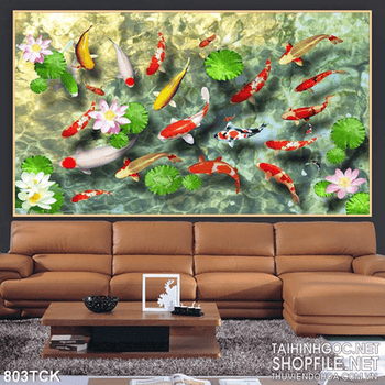 Tranh đàn cá chép đẹp wall in uv