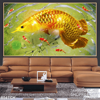 Tranh cá rồng phú quý in uv mạ vàng