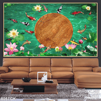 Tranh cá chép bên trống đồng cổ đẹp psd