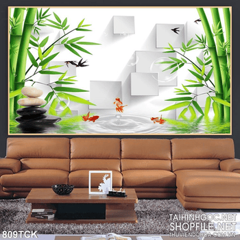 Tranh 3d in uv cá vàng và cây tre đẹp