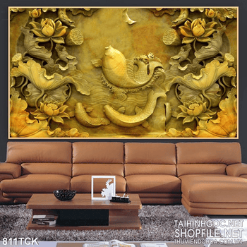 Tranh 3d wall hoa sen và cá chép giả ngọc điều khắc