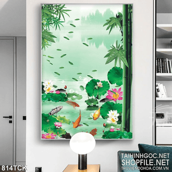 Tranh khổ dọc cá chép 3d và cây tre