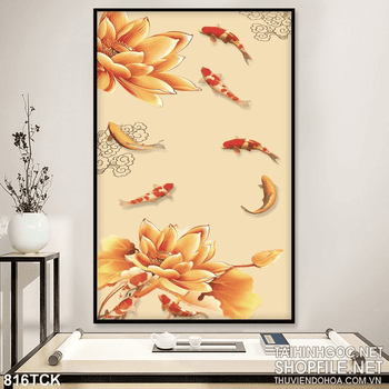 Tranh khổ dọc cá chép 3d và hoa 3d