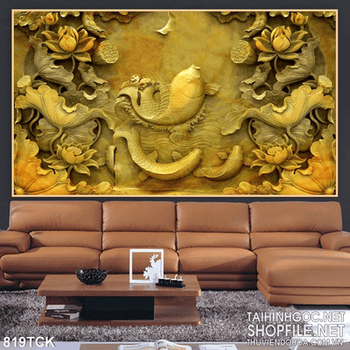 Tranh điêu khắc cá chép và hoa sen đẹp psd