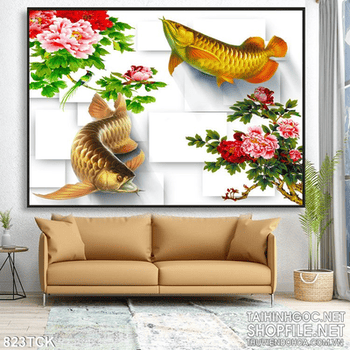 Tranh đôi cá rồng vàng phú quý cho gia chủ