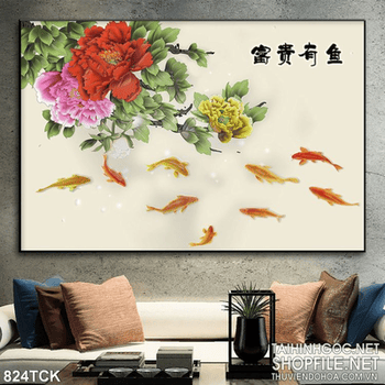 Tranh cá chép hoa mẫu đơn đẹp