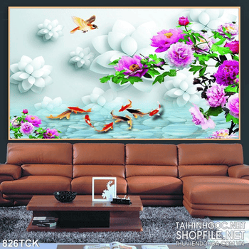 Tranh 3d hoa trắng và cá chép bơi in uv đẹp