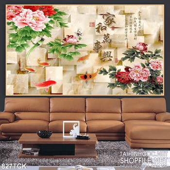 Tranh 3d hoa mẫu đơn cá chép wall in uv