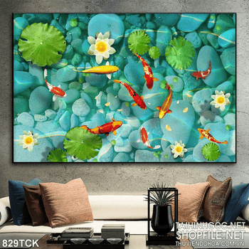 Tranh cá chép hoa sen bơi lội psd in uv