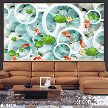 Tranh 3d cá vàng đẹp lá sen