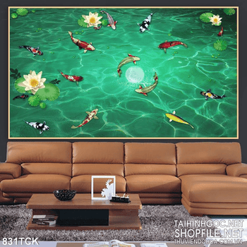 Tranh cá chép bơi dưới ánh trắng đẹp psd in uv