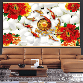 Tranh cá chép koi quần tụ nền sỏi trắng 3d