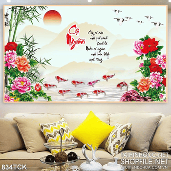Tranh cội nguội đàn cá koi và hoa mẫu đơn wall