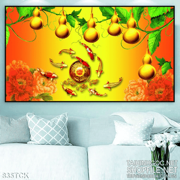 Tranh cá chép koi quần tụ và quả bí vàng