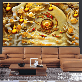 Tranh cá koi quần tụ và nền giả ngọc 3d in uv