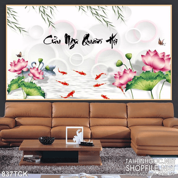 Tranh cửu ngư quần hội và hoa sen 3d wall