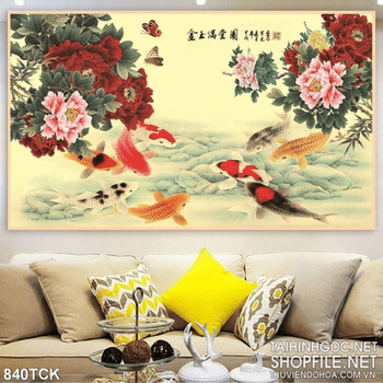 Tranh vẽ hoa mẫu đơn và cá koi