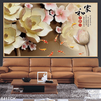 Tranh giả ngọc cá koi chữ thư pháp