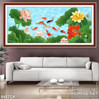 Tranh hoa sen và cá koi đẹp psd