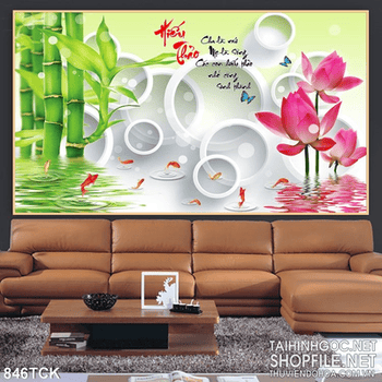 Tranh 3d wall bông sen và cá chép