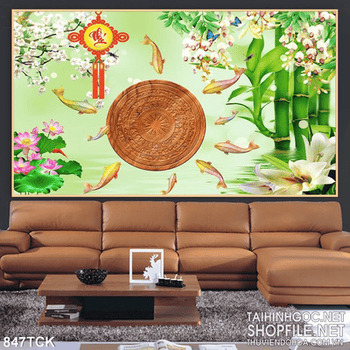 Tranh cây sống đời 3d và cá koi