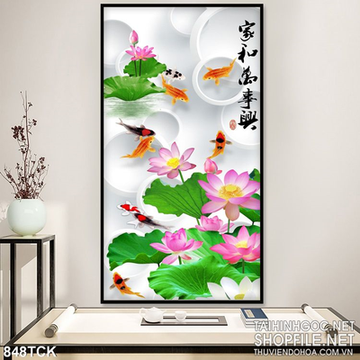 Tranh 3d khổ dọc hoa sen cá chép uv
