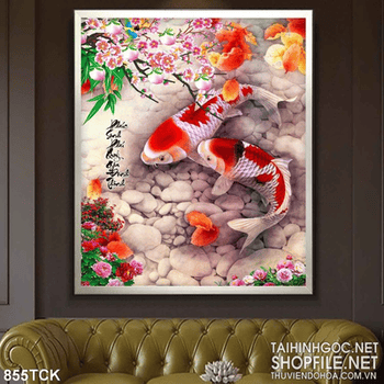 Tranh cá chép yêu thương đẹp in 3d