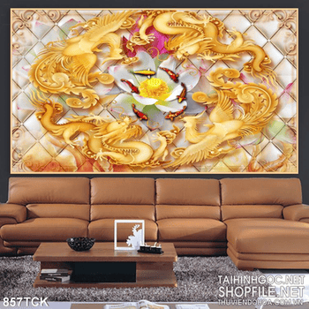 Tranh sen koi rồng phụng sum vầy đẹp in uv