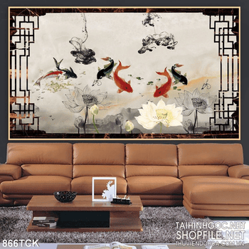 Tranh cá chép vẽ sơn dầu bơi lội