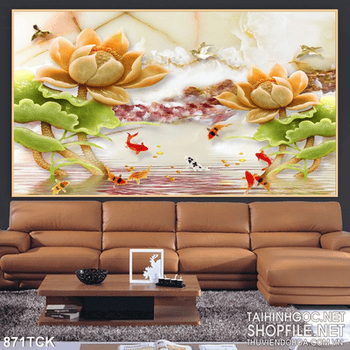 Tranh hoa sen giả ngọc và cá chép nhảy tung tăng