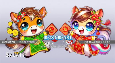 File tranh Psd hai em bé Ngựa đáng yêu đón xuân mới 871VTT