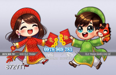 File tranh hai em bé mặc áo dài đón Tết Bính Ngọ 872VTT