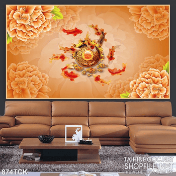 Tranh cá koi quần hội bên viên ngọc đẹp psd