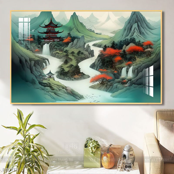 Tranh phon thủy sông, núi và mặt trời