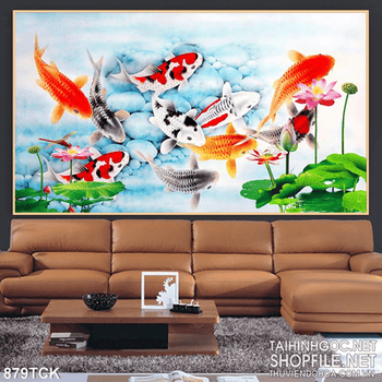 Tranh hoa sen và cá chép psd ấn tượng in uv