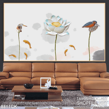 Tranh hoa sen và chú chim bối cá in uv
