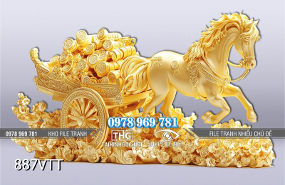 File tranh Ngựa vàng kéo xe dát vàng 887VTT