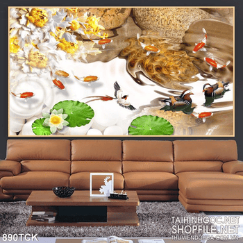 Tranh hồ nước cá chép koi và vịt trời