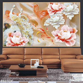 Tranh wall 3d giả ngọc công và hoa mẫu đơn