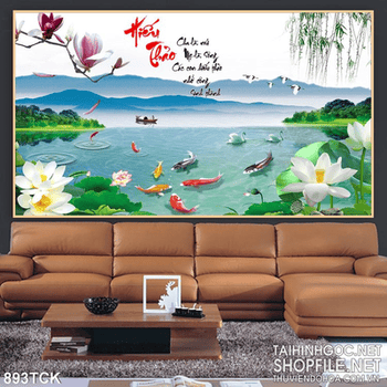 Tranh sơn thủy hiếu thảo cá chép 3d và hoa sen in uv