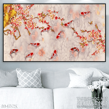 Tranh cá chép đẹp và cá chép bơi nền sỏi trắng