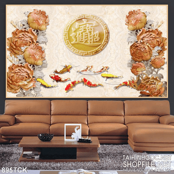 Tranh hoa điêu khắc gỗ và cá koi bơi lội