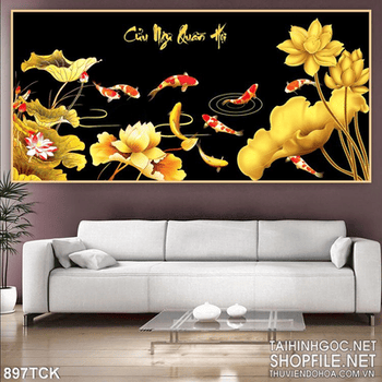 Tranh hoa sen mạ vàng cửu ngư