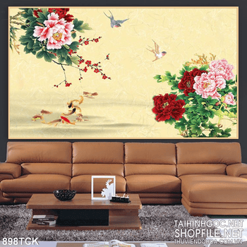 Tranh hoa mẫu đơn cá chép 3d