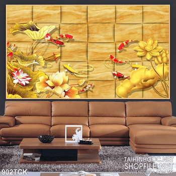 Tranh hoa sen mạ vàng và đán cá koi in uv