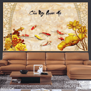 Tranh cửu ngư và hoa sen mạ vàng psd