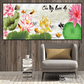 Tranh sen đỏ cửu ngưu quần hội in uv wall
